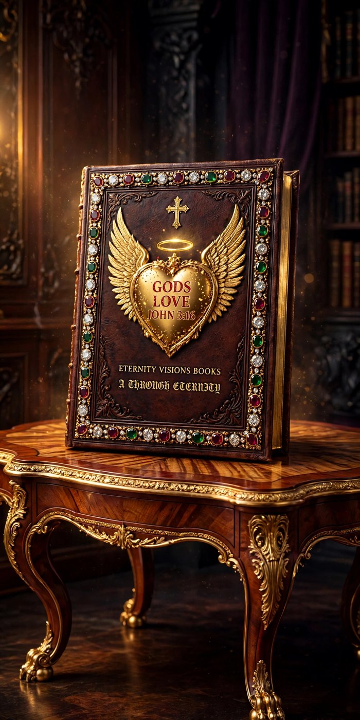 The blessed cover — a leather-bound book of gems and a winged gold heart, on its gold-trimmed table